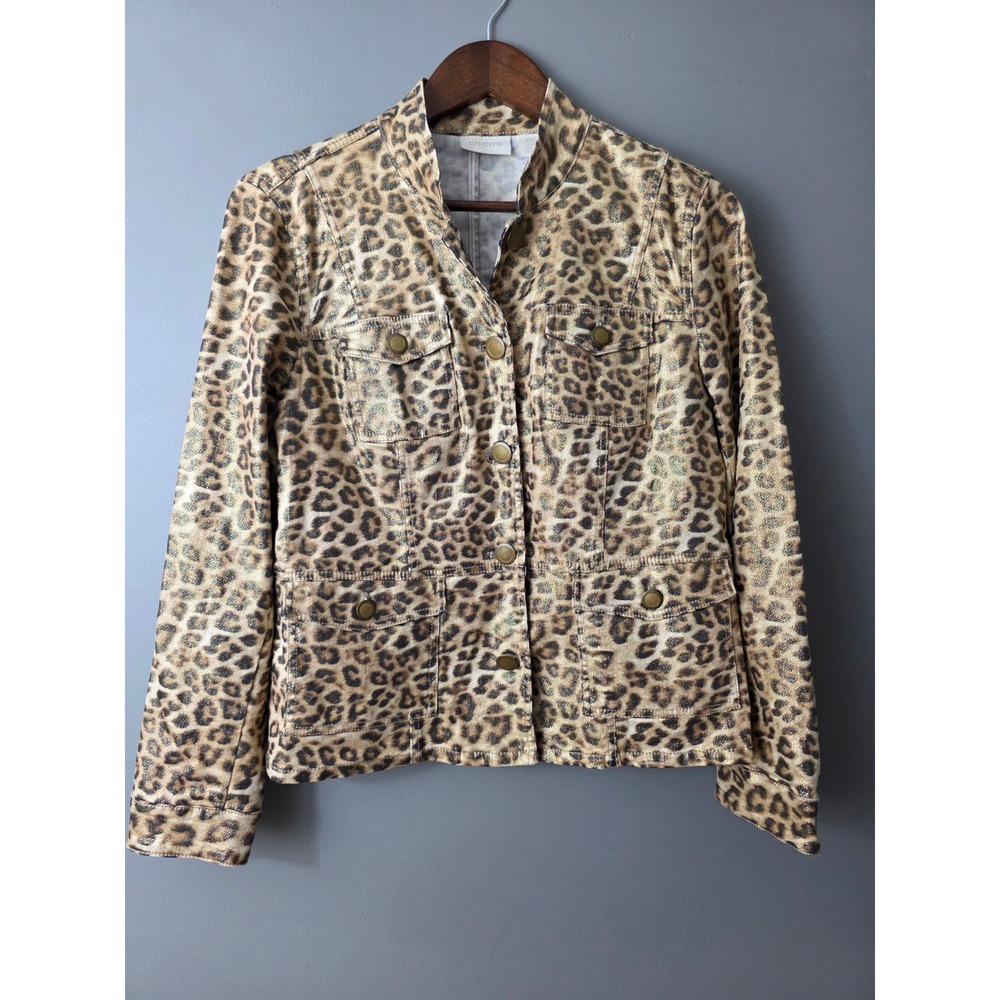 Chicos Metallic Gold Leopard Print Jacket Button Front Four Pocket Size 0 Small